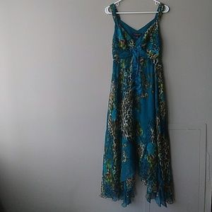 Blue silk maxi dress with floral and animal print